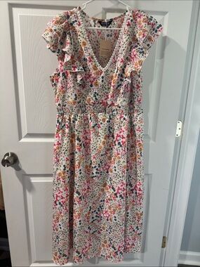 BloomChic White Floral Midi Dress with Pink, Orange & Green